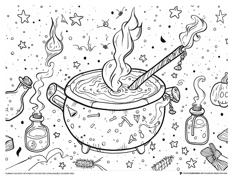 A black and white illustration of a flaming cauldron with magic potions and a stirring stick.