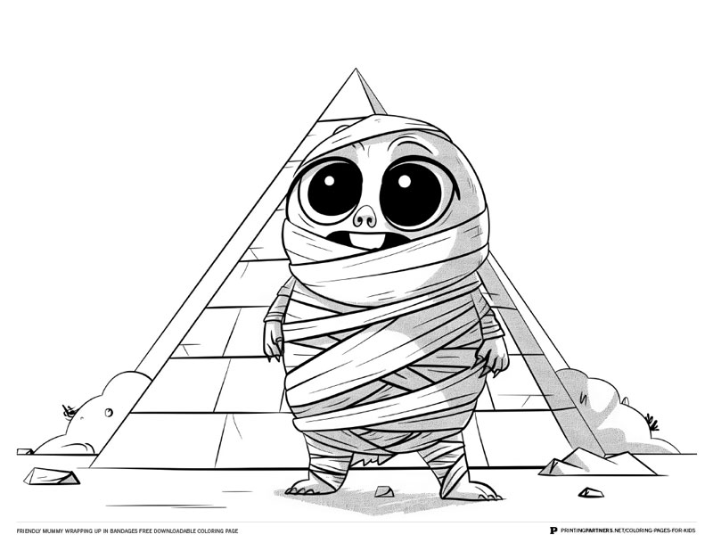 A friendly mummy character wrapped in bandages standing in front of a pyramid.