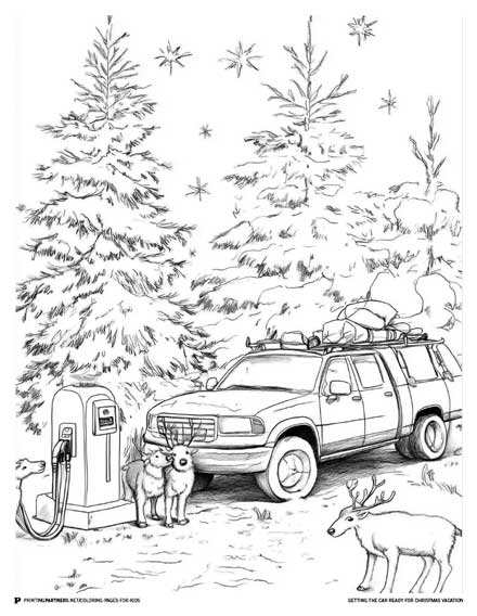 A coloring page featuring a car with luggage at a gas station surrounded by trees and reindeer.