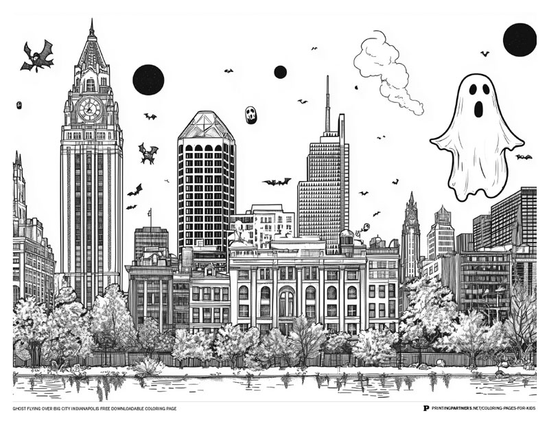 Black and white coloring page featuring a ghost flying over a cityscape of Indianapolis.