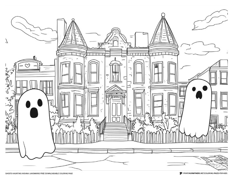 Black and white coloring page depicting two ghosts in front of a historic building.