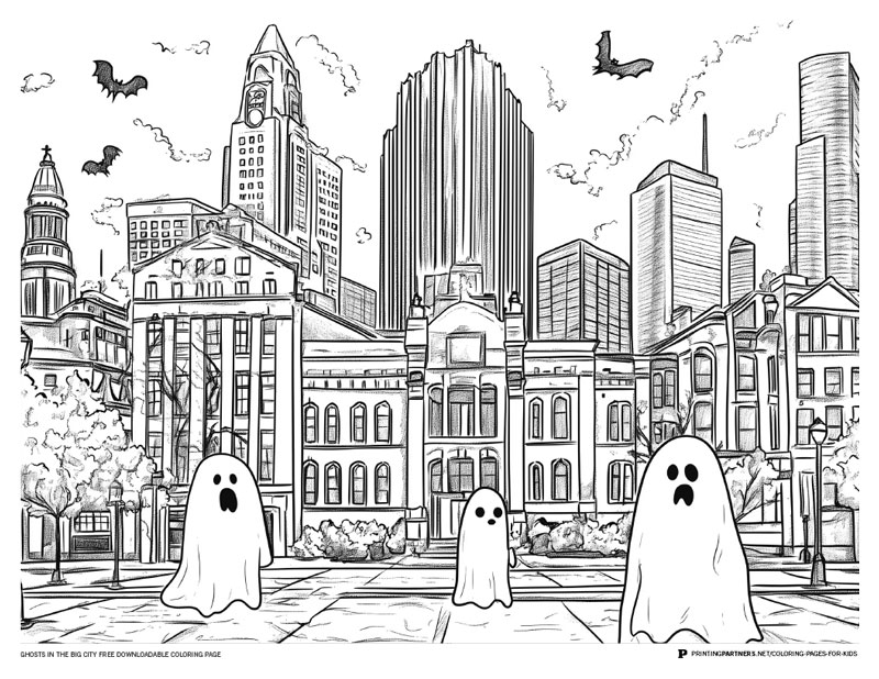 Coloring page featuring three ghosts in a city setting with buildings and trees.