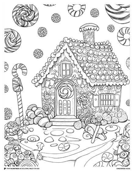 Black and white illustration of a gingerbread house surrounded by candy and lollipops.