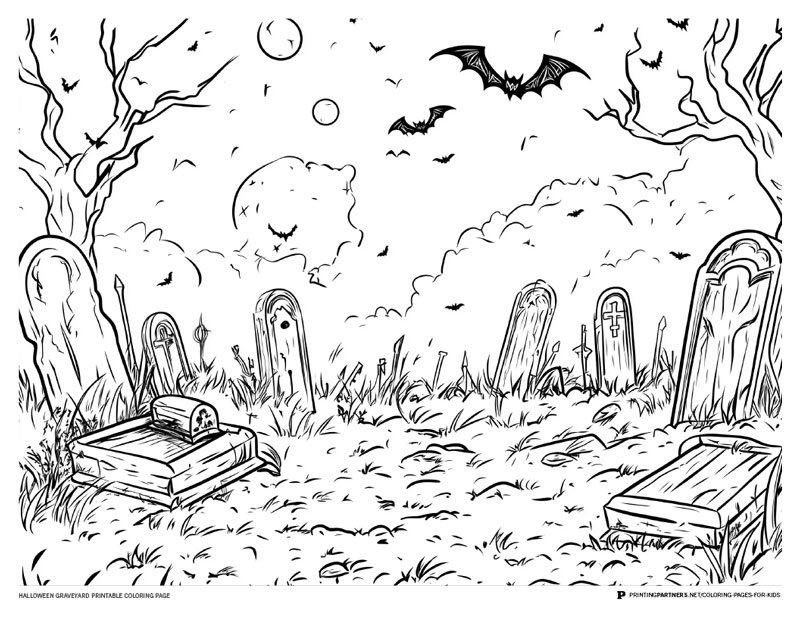 Black and white illustration of a graveyard scene with tombstones, bats, and a full moon.