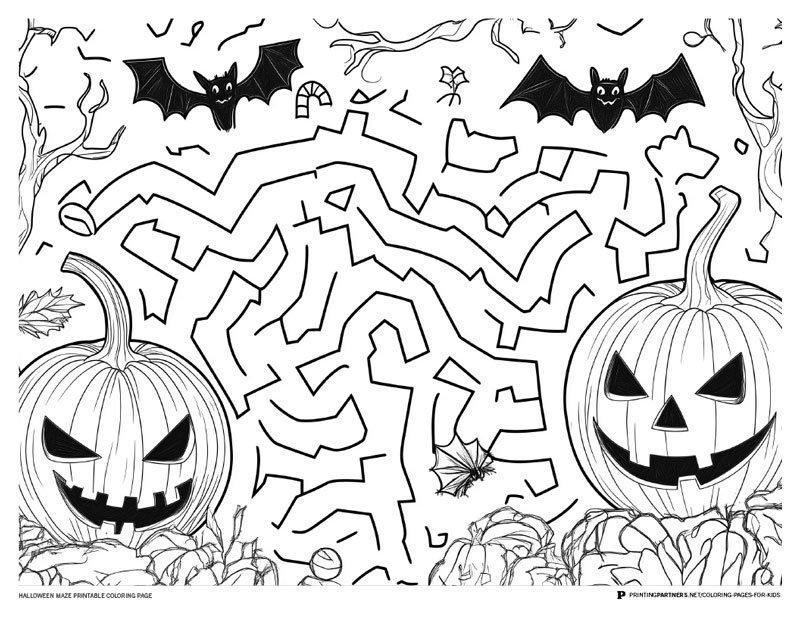Black and white Halloween maze coloring page featuring pumpkins and bats.