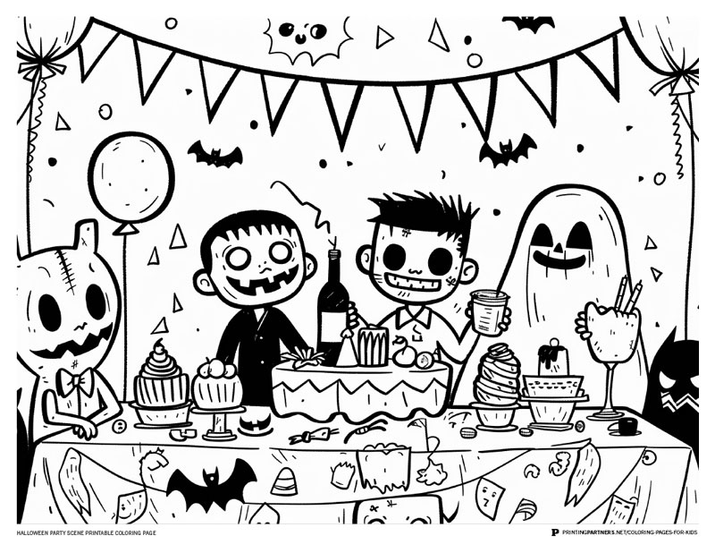 Black and white illustration of a Halloween party scene with characters and decorations.