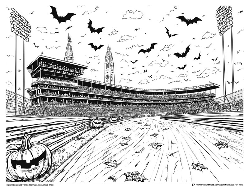 Black and white printable coloring page featuring a race track with pumpkins and bats.