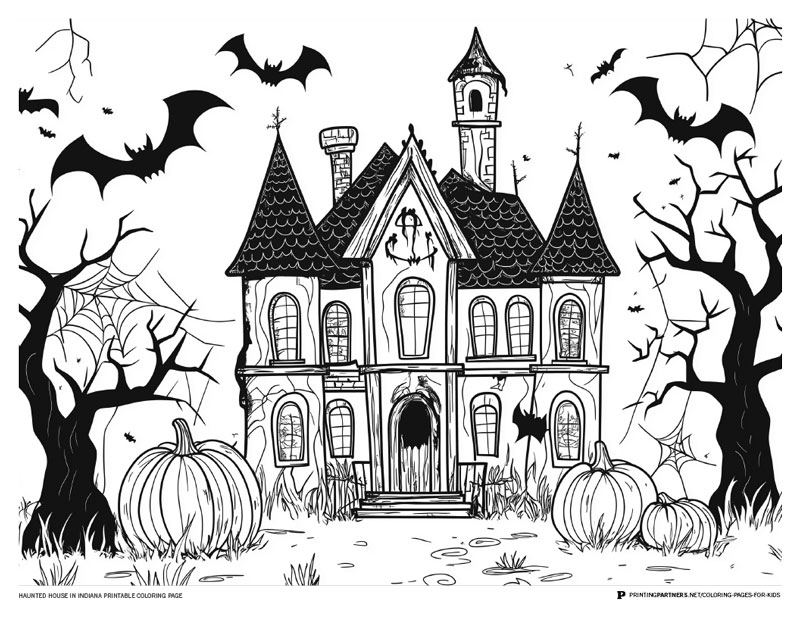 Black and white illustration of a haunted house with bats, pumpkins, and spider webs.
