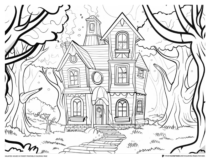 Black and white illustration of a haunted house surrounded by trees, designed for coloring.