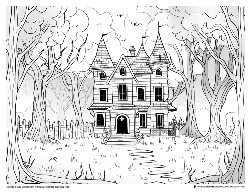 Black and white illustration of a haunted house with spooky windows and surrounding trees.