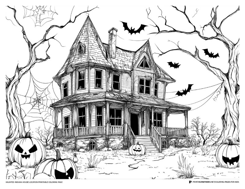 Black and white illustration of a haunted house with pumpkins and bats for coloring.