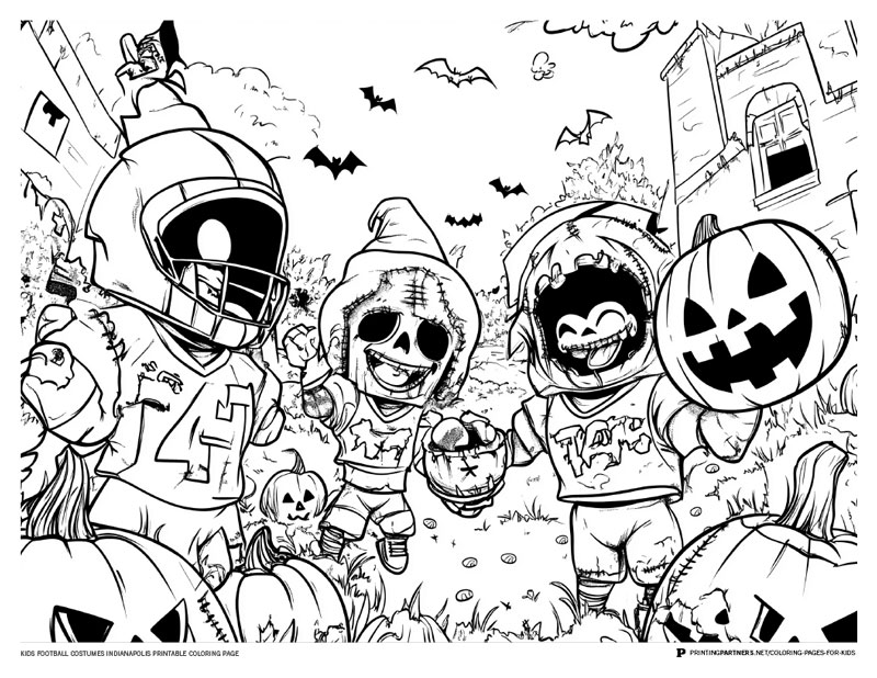 Black and white coloring page featuring kids in football costumes with pumpkins and Halloween elements.