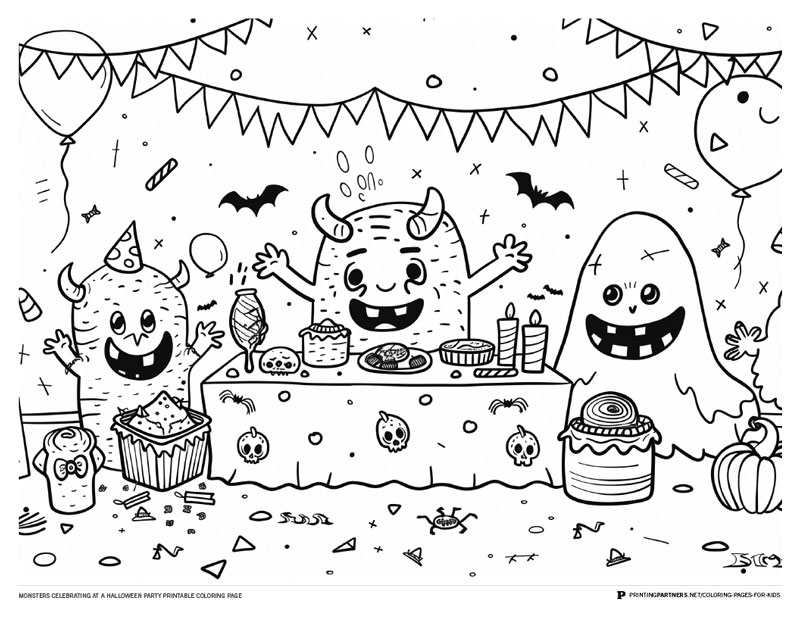 Line drawing of three monsters celebrating at a Halloween party with a table of treats.