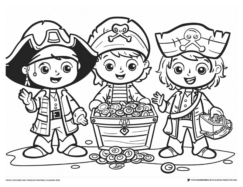 Coloring page featuring three children dressed as pirates with a treasure chest filled with coins.