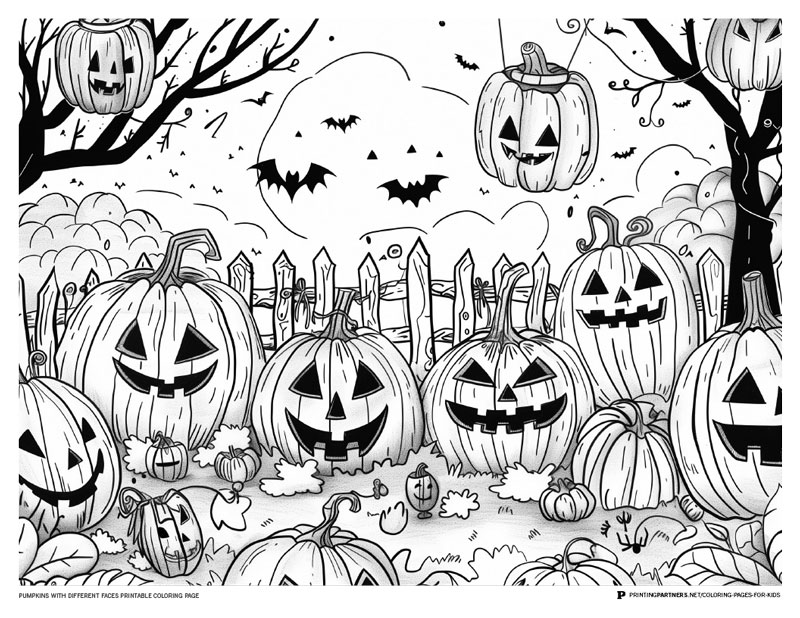 A black and white coloring page featuring pumpkins with various facial expressions in a garden setting.