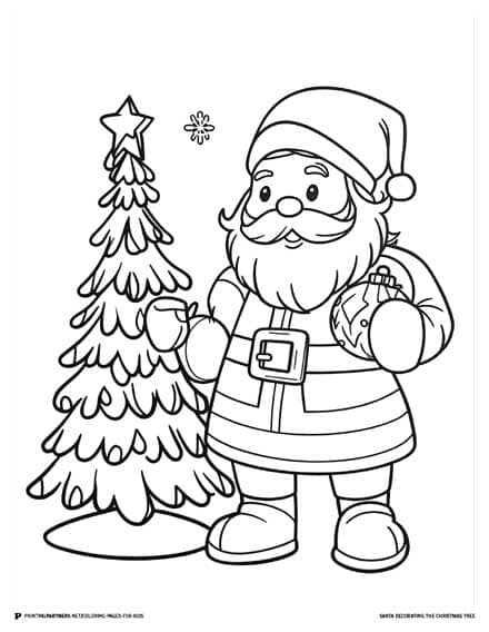 Black and white coloring page of Santa Claus with a Christmas tree and ornament.