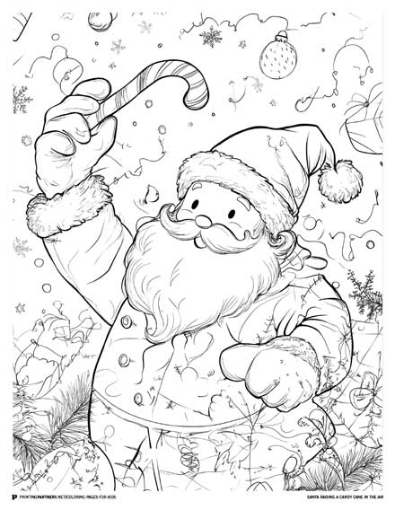 Black and white coloring page of Santa Claus raising a candy cane in the air.