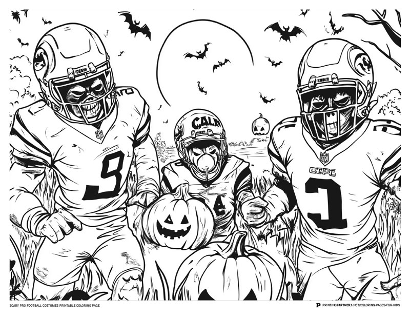 Black and white illustration of three football players in costumes with pumpkins and bats.