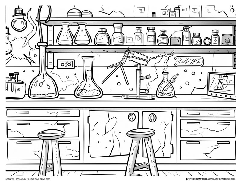Black and white illustration of a laboratory with various glassware and equipment on a table.