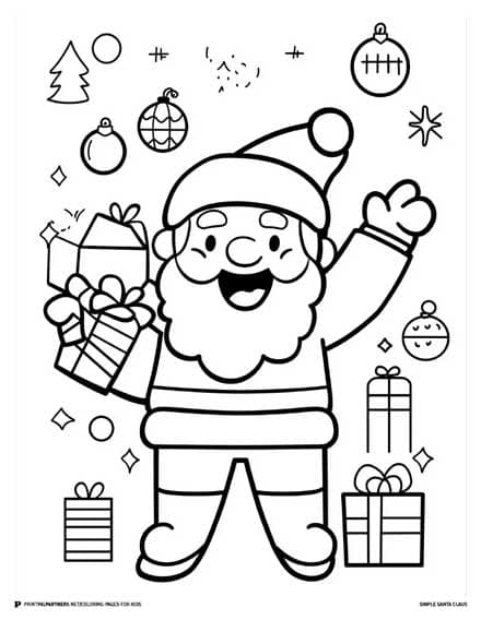 Line art illustration of Santa Claus holding a gift with Christmas decorations around him.