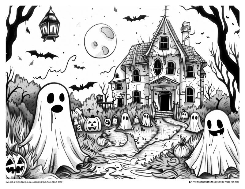 Printable coloring page featuring smiling ghosts playing in a yard with pumpkins and a haunted house.