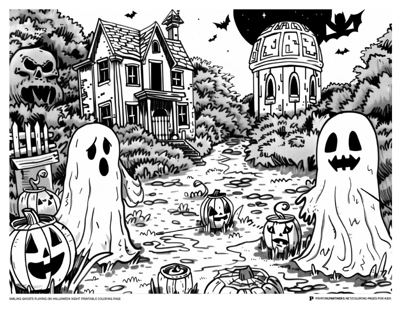 Printable coloring page featuring smiling ghosts and pumpkins in a Halloween setting.