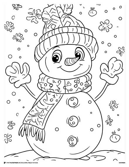 A black and white coloring page featuring a smiling snowman wearing a hat and scarf, with snowflakes in the background.