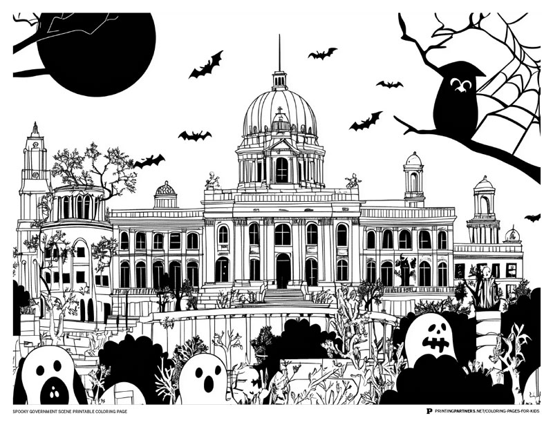 Black and white coloring page featuring a spooky government building with bats and ghosts.