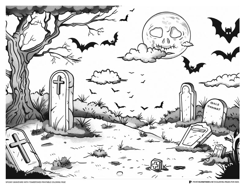 Black and white coloring page featuring a spooky graveyard with tombstones, bats, and a skull in the moon.
