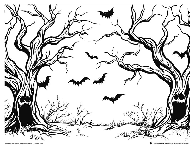 Black and white illustration of spooky trees with bats for coloring.