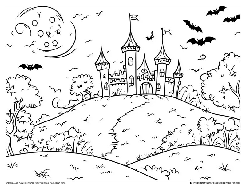 Black and white illustration of a strong castle on a hill with bats and a moon.