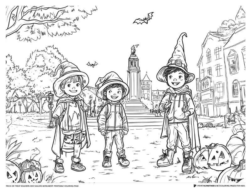 Three children in costumes standing in front of a monument on a printable coloring page.
