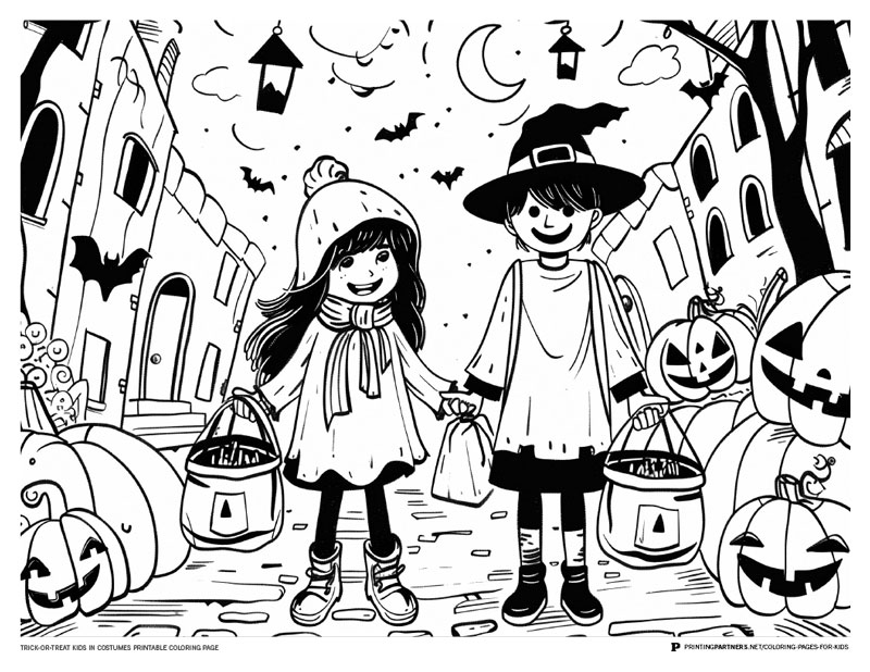 Black and white printable coloring page featuring two children in costumes holding candy buckets.