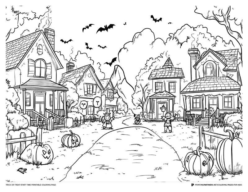 Black and white Halloween-themed coloring page featuring houses, pumpkins, and children in costumes.