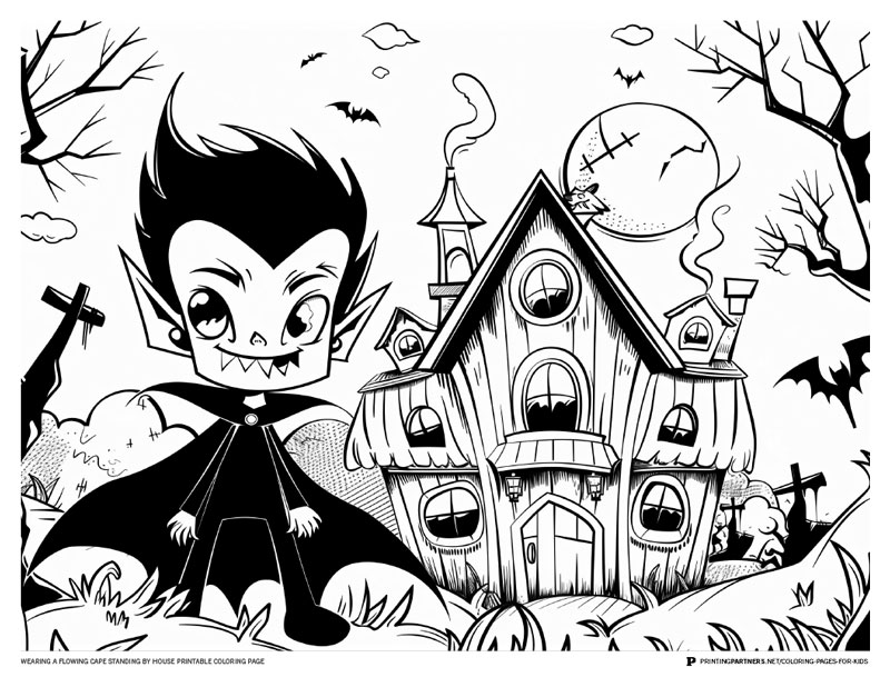 Printable coloring page of a character in a flowing cape standing by a house with a spooky design.