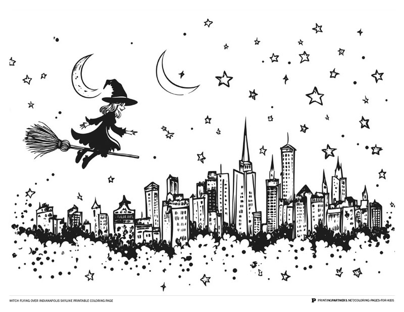 A witch flying on a broomstick over a skyline with stars and a crescent moon.