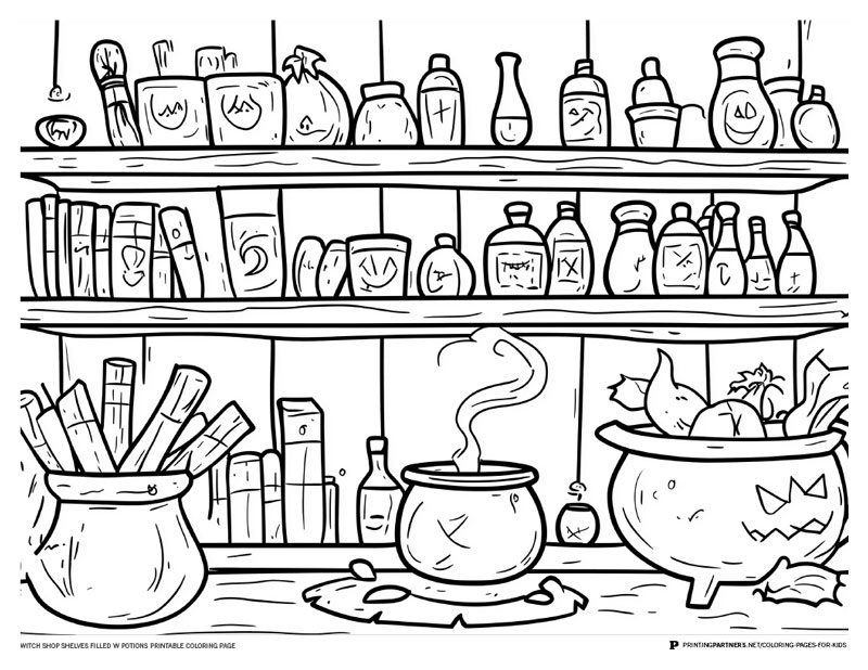 Black and white illustration of shelves filled with potion jars and a cauldron in a witch shop coloring page.