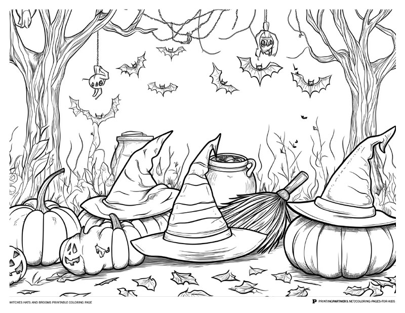 Black and white printable coloring page featuring witches hats, a broom, pumpkins, and Halloween decorations.