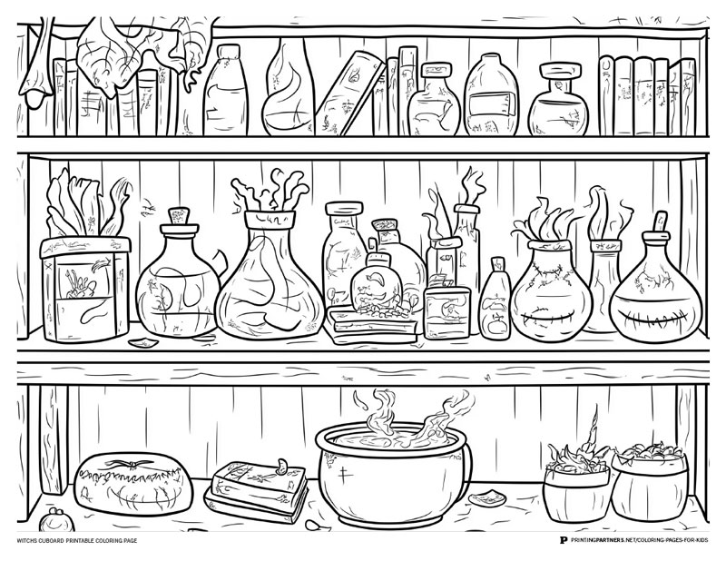 Line art illustration of a witch's cupboard filled with bottles, jars, and plants for coloring.