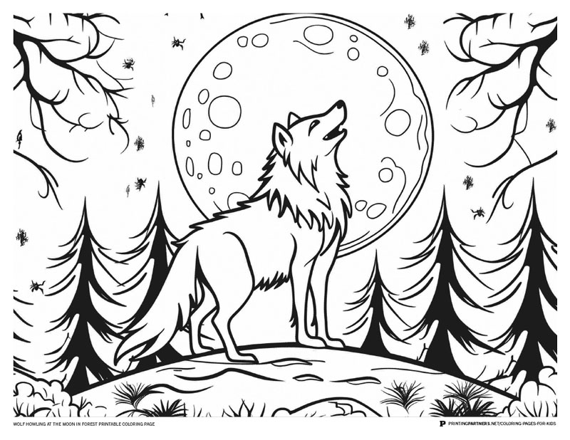Black and white illustration of a wolf howling at a large moon surrounded by trees.