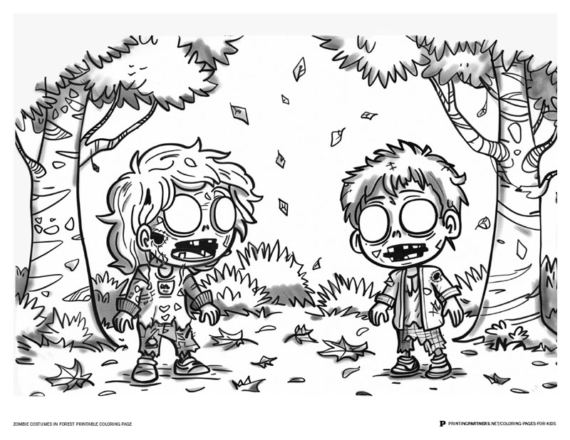 Printable coloring page featuring two cartoon zombies in costumes with large eyes and disheveled hair.