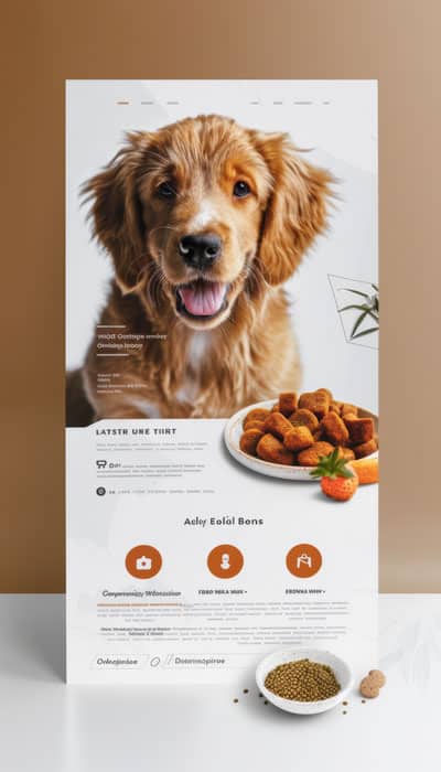 Golden retriever puppy with a happy expression in front of a plate of dog food and treats.
