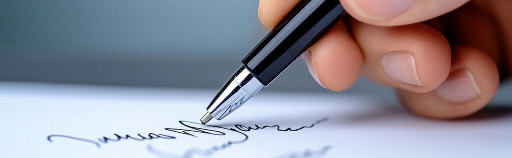 Close-up of a hand holding a black pen while writing on smooth satin paper.