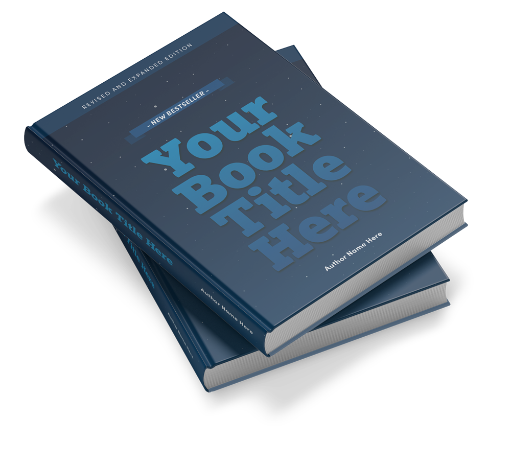 Three stacked books with a dark blue cover displaying a customizable title and author name.