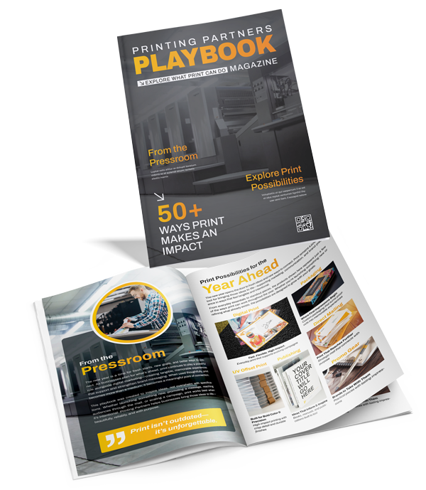 Open magazine titled 'Printing Partners Playbook' showcasing various print options and features.