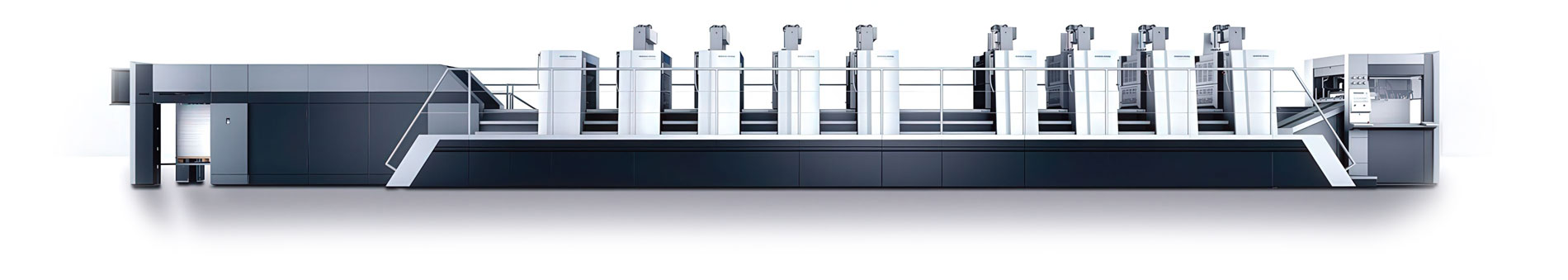 High-capacity printing press with multiple printing units arranged in a linear configuration.