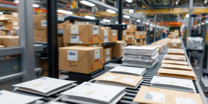 Conveyor belt with packages and envelopes in a mailing service production facility.