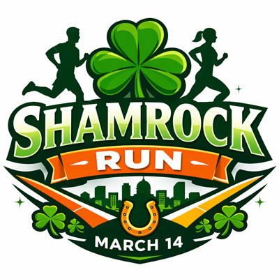 Logo for the Shamrock Run featuring runners, a shamrock, and a horseshoe with the date March 14.