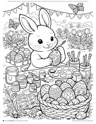 Bunny painting Easter eggs coloring page — Easter bunny decorating eggs, free spring coloring page PDF
