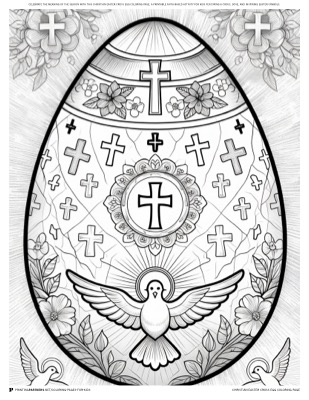 Christian Easter cross egg coloring page — Christian Easter cross with egg motif, free printable coloring PDF
